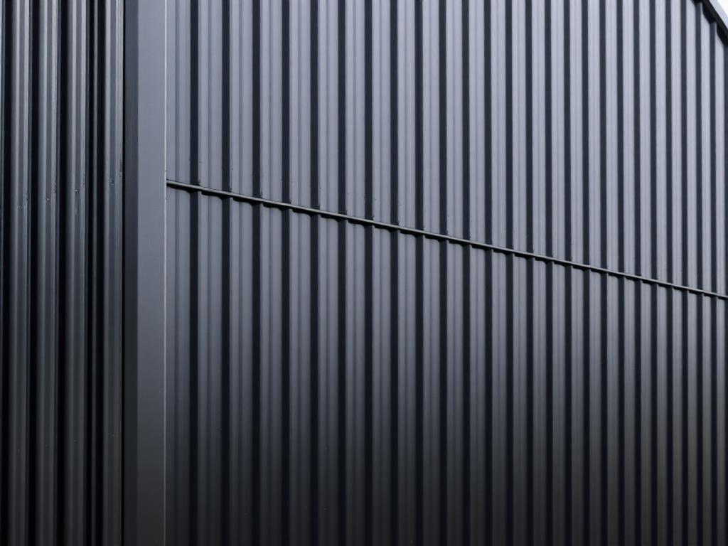 Dark metal exterior cladding panels on a steel building