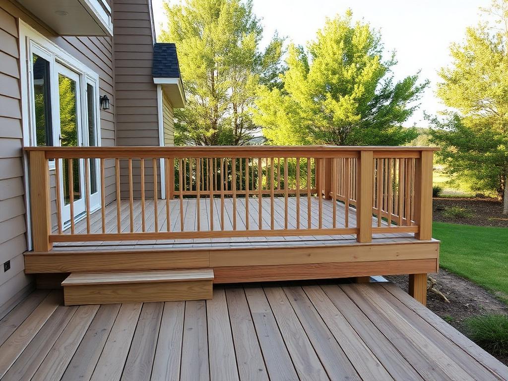 Newly built wood deck with railings attached to a rural home