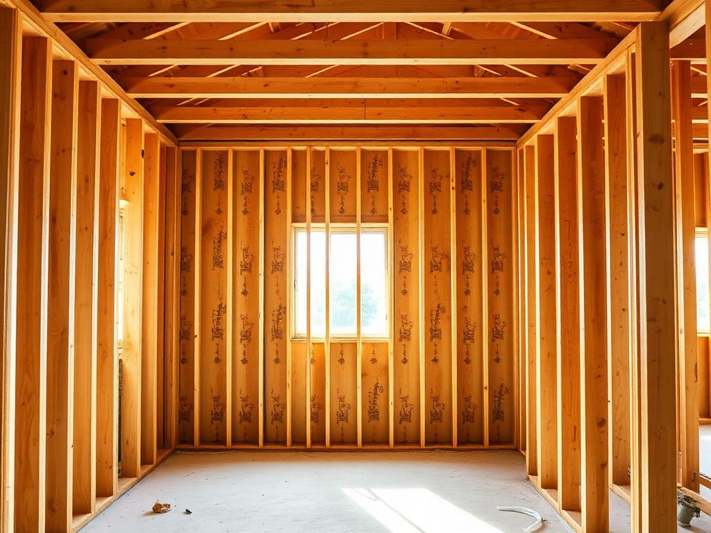 Interior wood stud wall framing with sunlight through a window opening